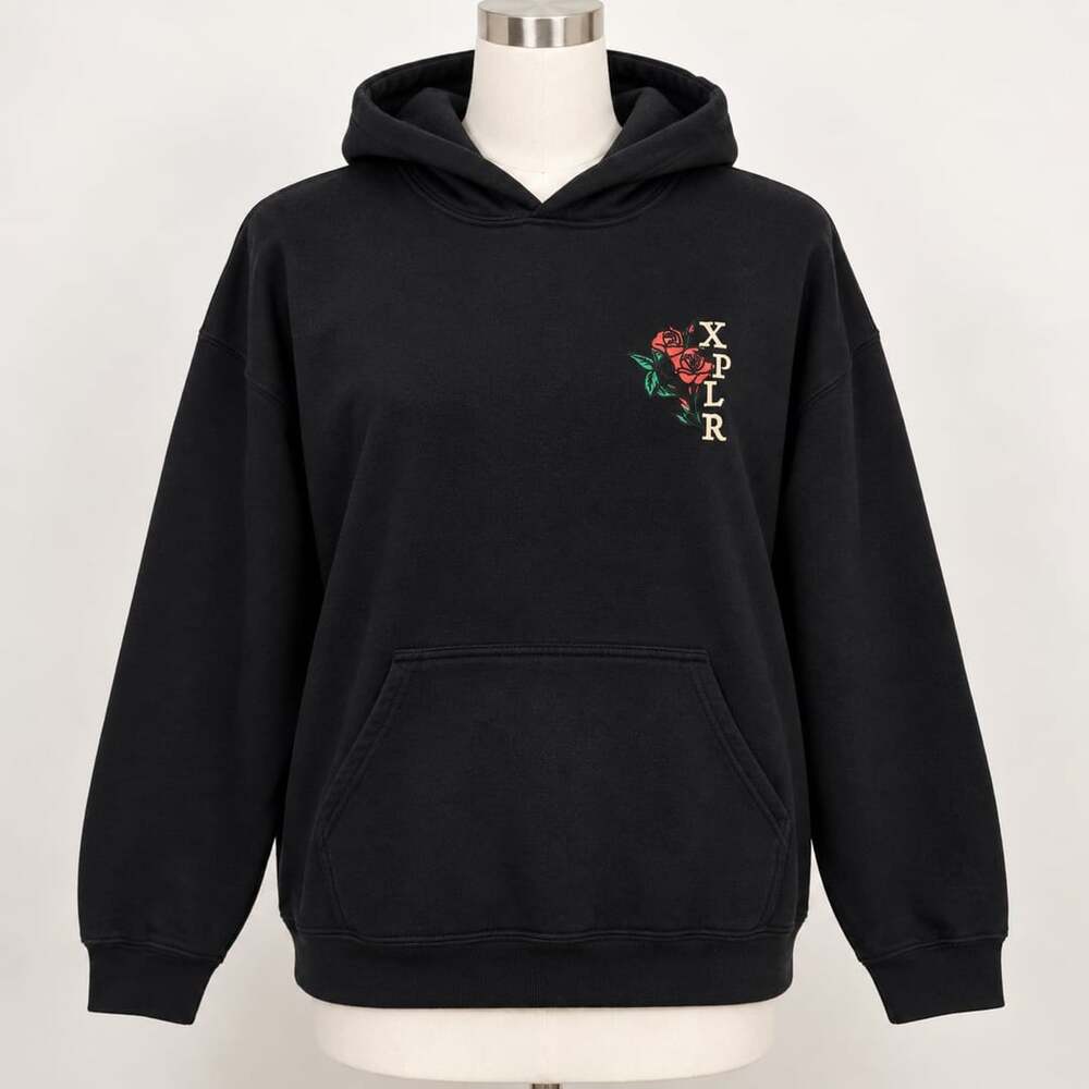 XPLR Black Rose Graphic Hoodie XL Pullover Embroidered Floral Streetwear